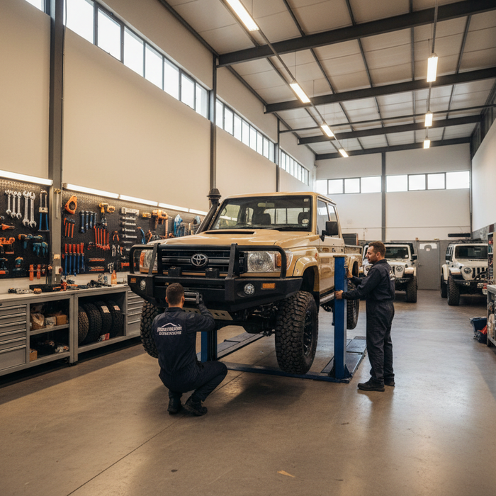 Alpha Accessories fitment team fitting recovery gear to a vehicle at the Centurion workshop