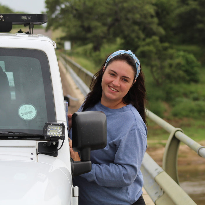 Danyel Kitching and Sheldon in the Jeep Wrangler Sahara entering Punda Maria gate, northern Kruger National Park