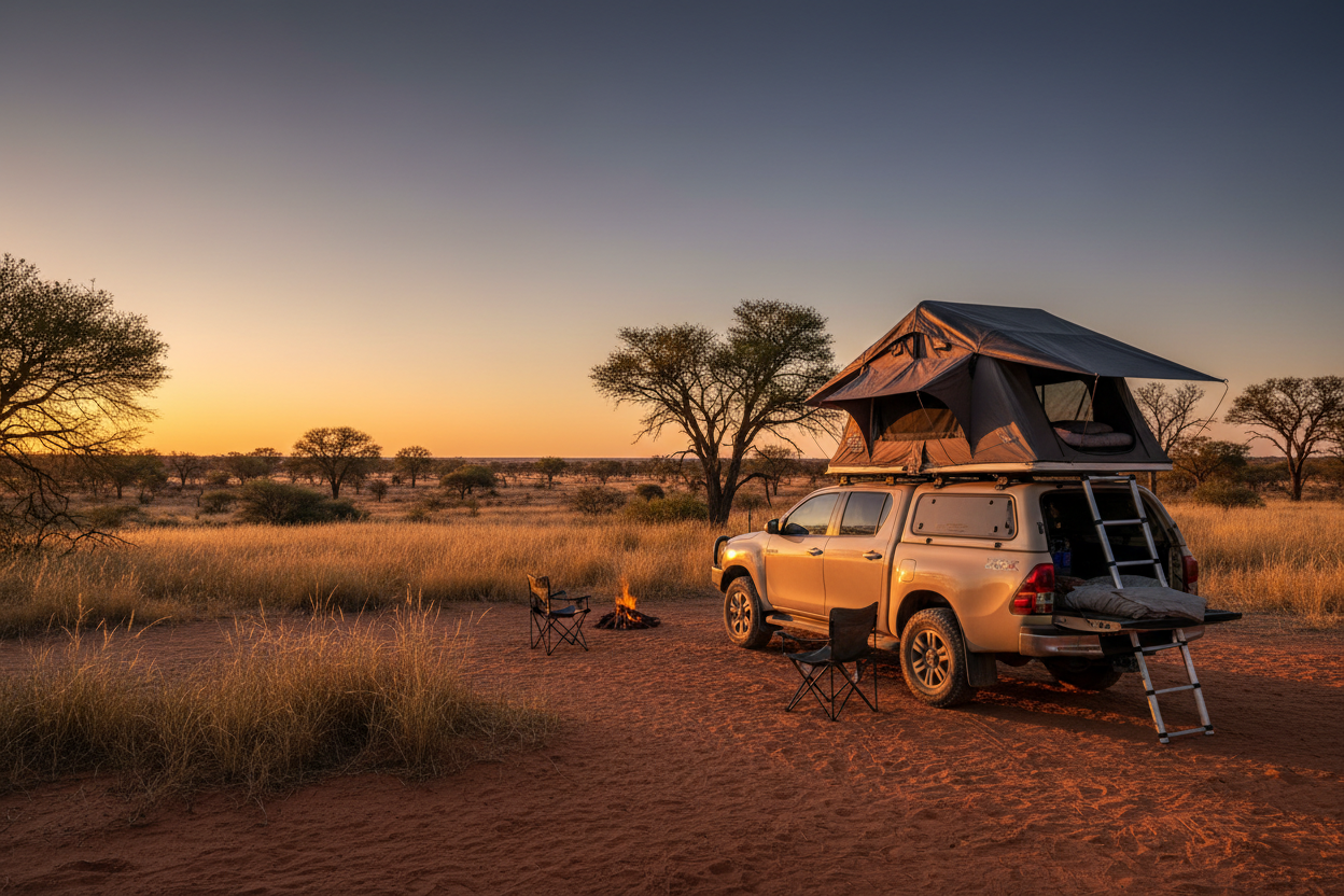 Green softshell roof top tent open on Nissan Navara Stealth outside Alpha Accessories fitment centre Centurion