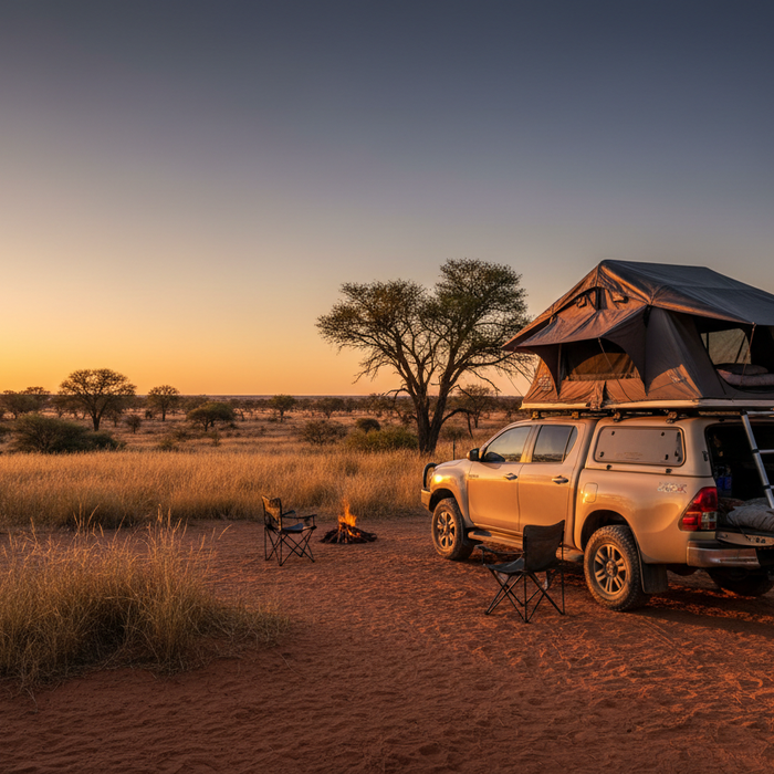 Green softshell roof top tent open on Nissan Navara Stealth outside Alpha Accessories fitment centre Centurion