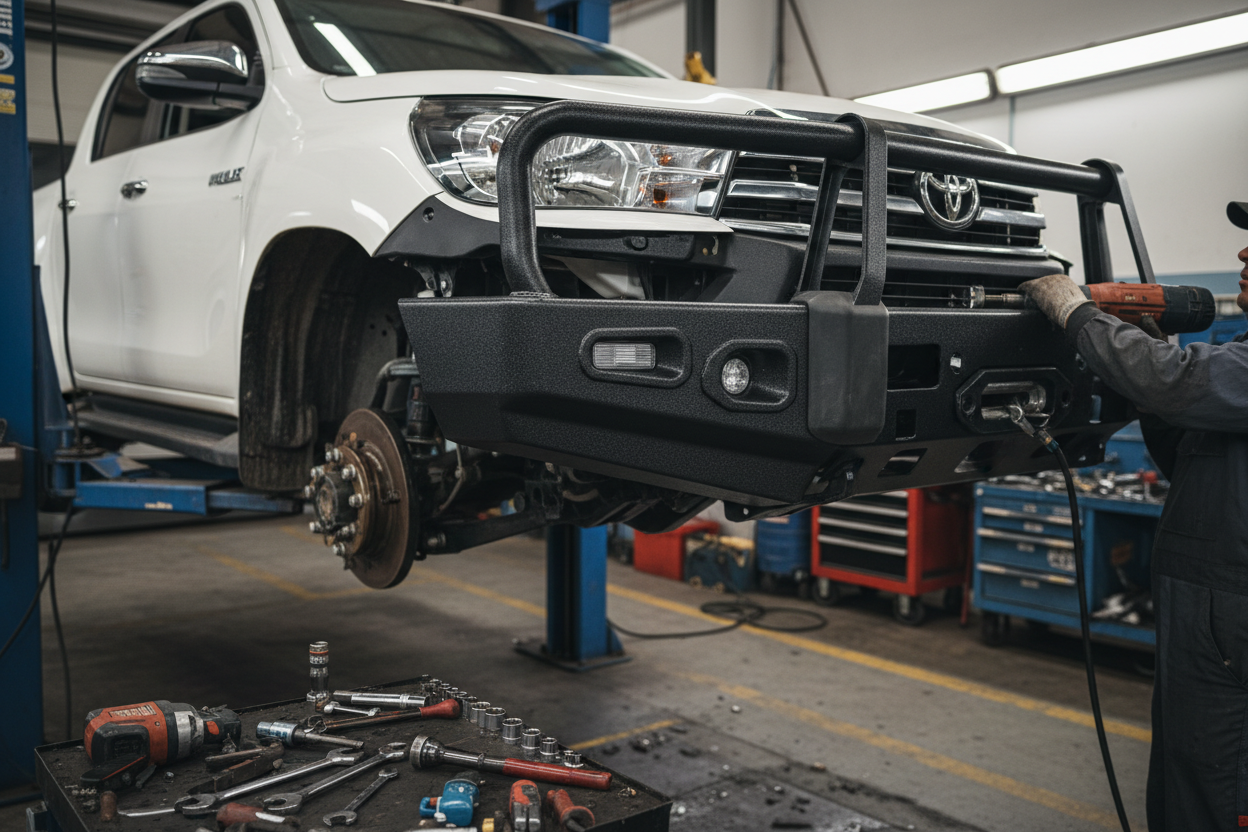 Red Toyota Hilux with aftermarket replacement bumper fitted at Alpha Accessories Centurion