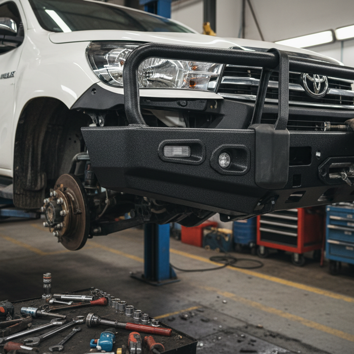 Red Toyota Hilux with aftermarket replacement bumper fitted at Alpha Accessories Centurion
